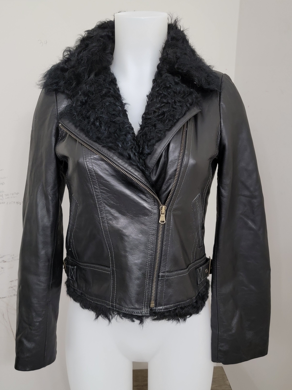 Black Genuine Shearling Collar and Leather Jacket.